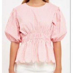 English factory pink and white scalloped hem blouse